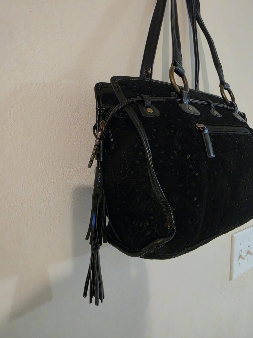 Black Embossed Leather Shoulder Bag with Buckle Pockets